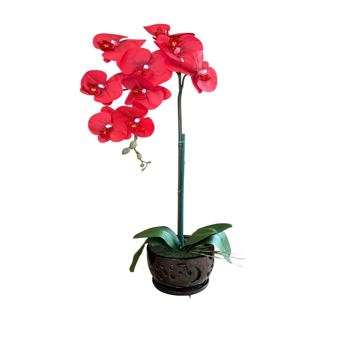 Artificial red orchid flowers in a black ceramic pot with realistic blooms