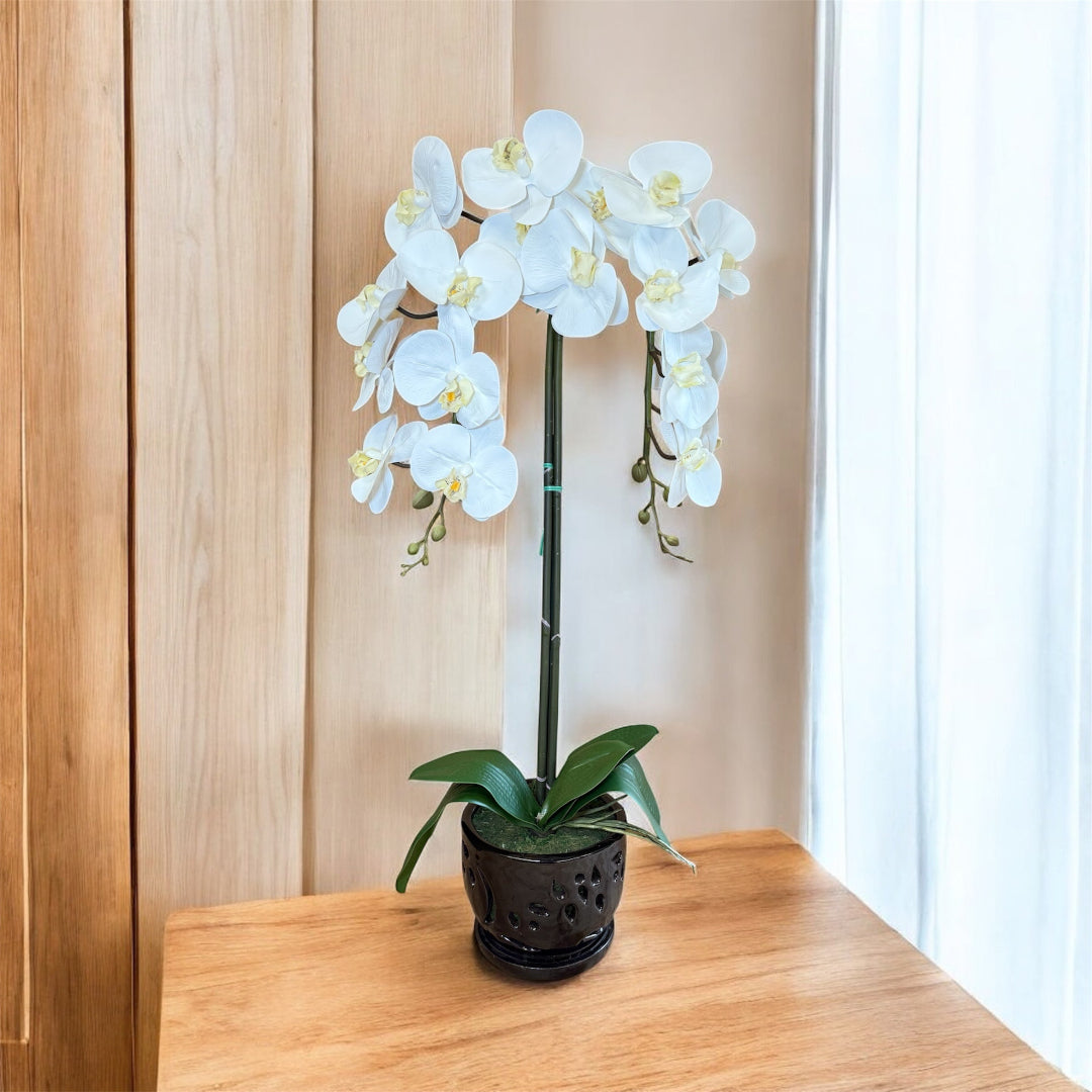 Real touch artificial orchid flower arrangement in black ceramic pot
