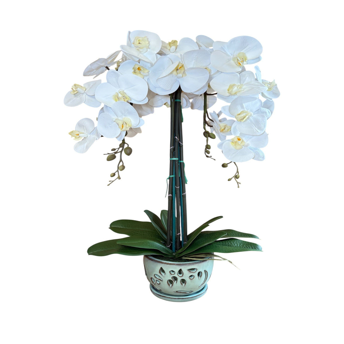 Real touch white orchid flower plant with realistic stems in aqua ceramic pot