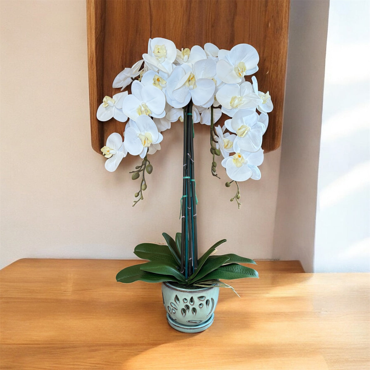 Potted white orchid artificial plant for elegant home office and interior decor