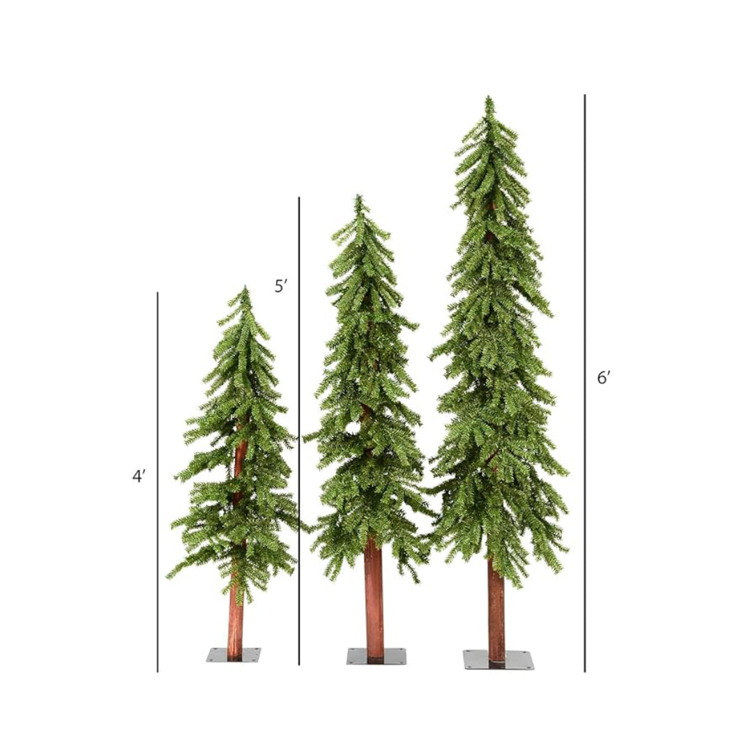 Tall artificial Alpine-style Christmas tree featuring lifelike needles and rustic bark design