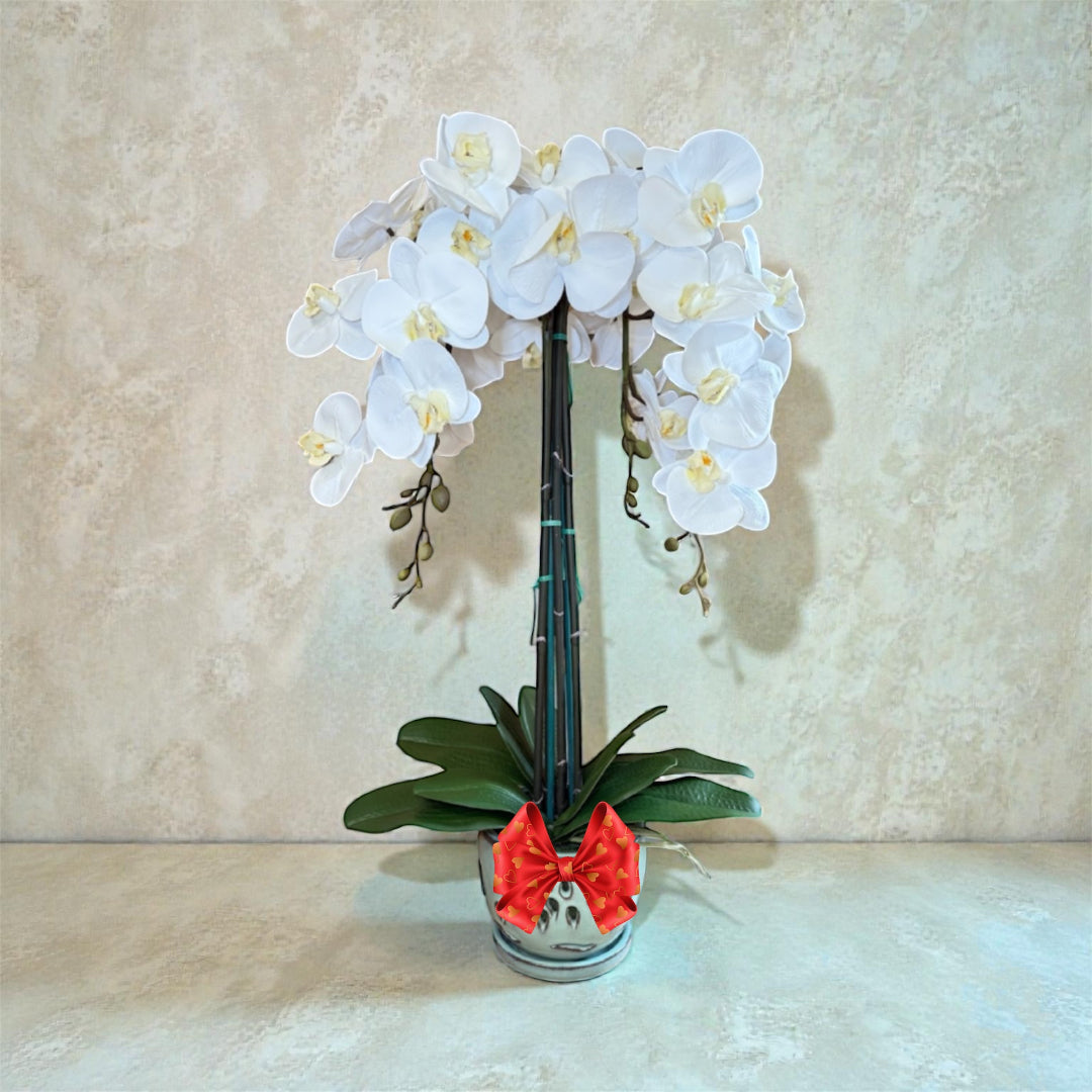 Realistic white orchid artificial plant with lifelike flowers in ceramic pot