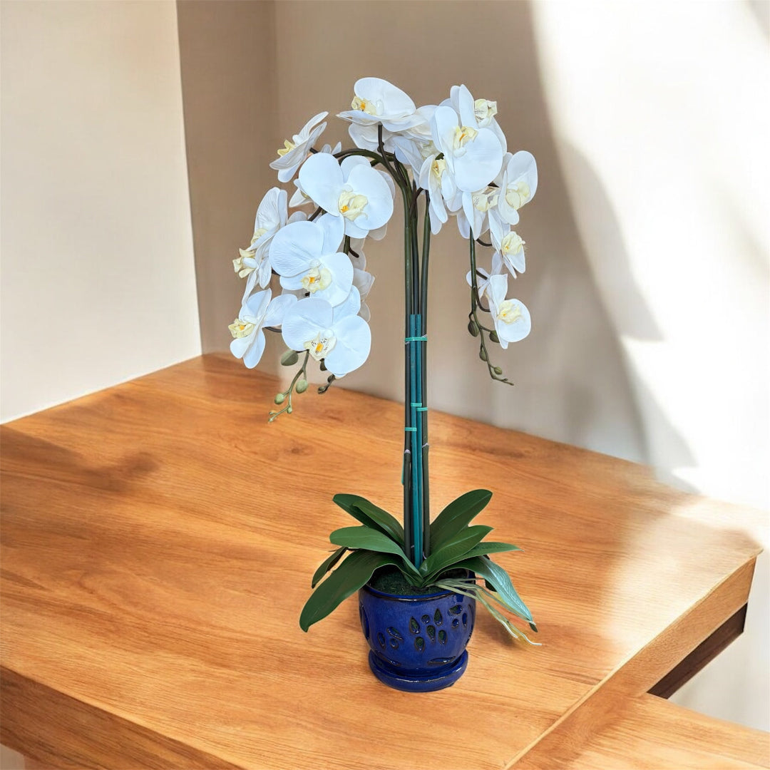 Decorative white orchid artificial plant with lifelike flowers and blue pot