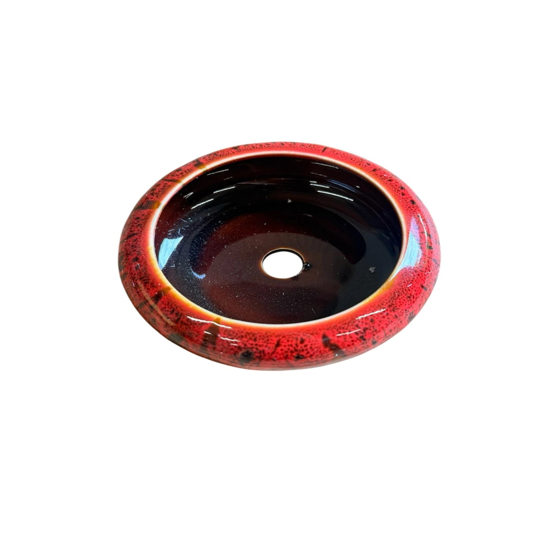 Red Glazed Ceramic Bonsai Pot with Wooden Base