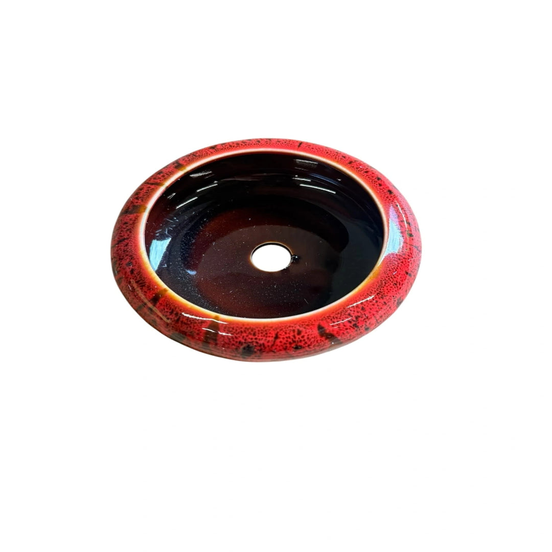 Red Glazed Ceramic Bonsai Pot with Wooden Base