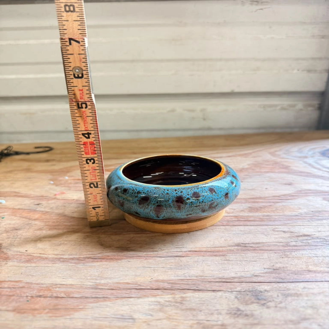 Blue Glazed Ceramic Bonsai Pot with Wooden Base