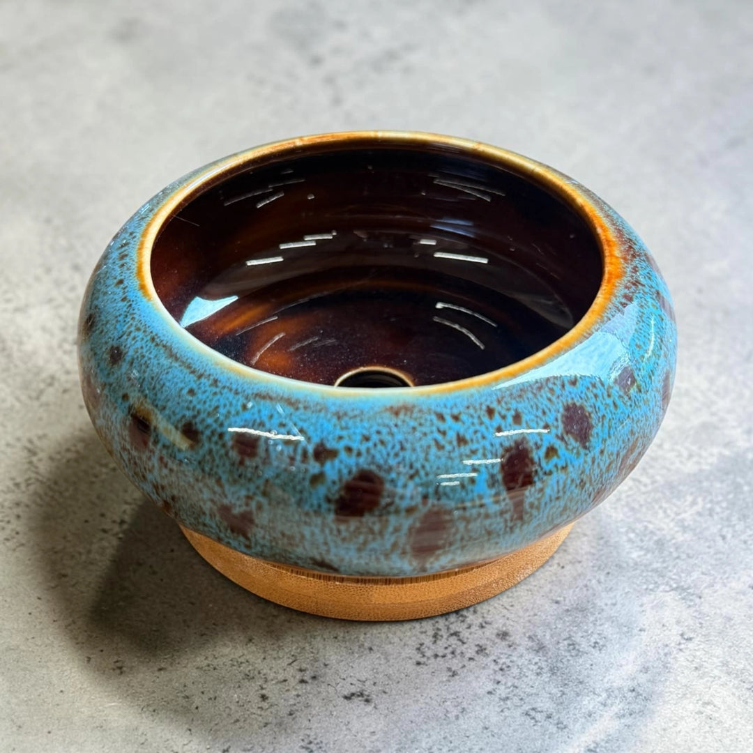 Blue Glazed Ceramic Bonsai Pot with Wooden Base