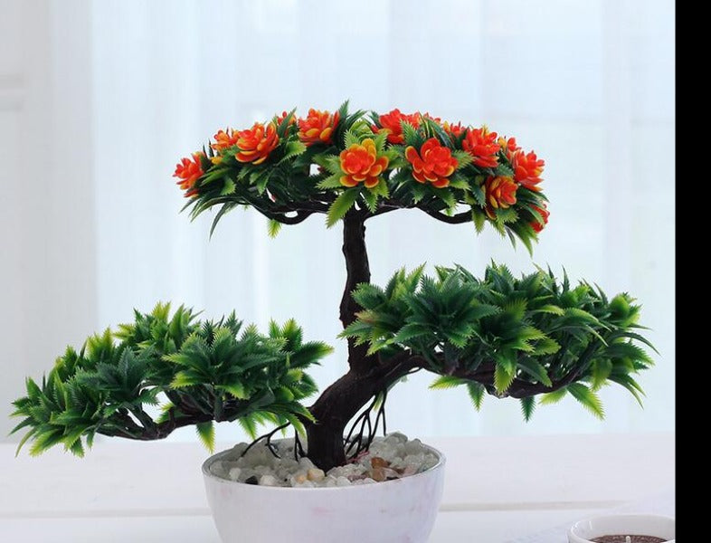 Gorgeous Bonsai with Very Attractive Pot with Red Colored Flowers -Excellent Gift.. Looks Almost Real, Without The Hassle of Maintenance and Dying (Artificial Plant)