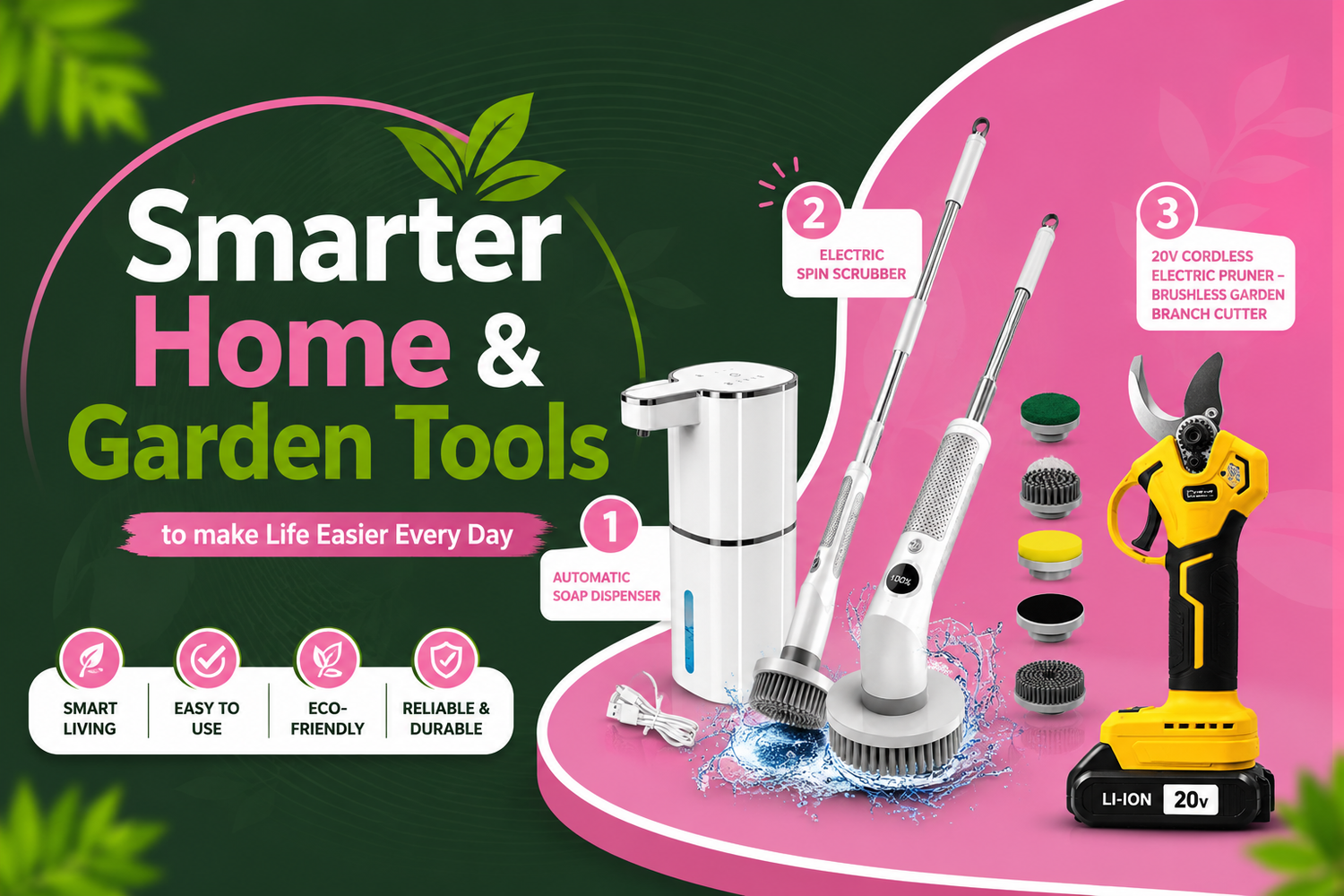 Three smart home and garden tools including electric pruner, power scrubber, and touchless soap dispenser 