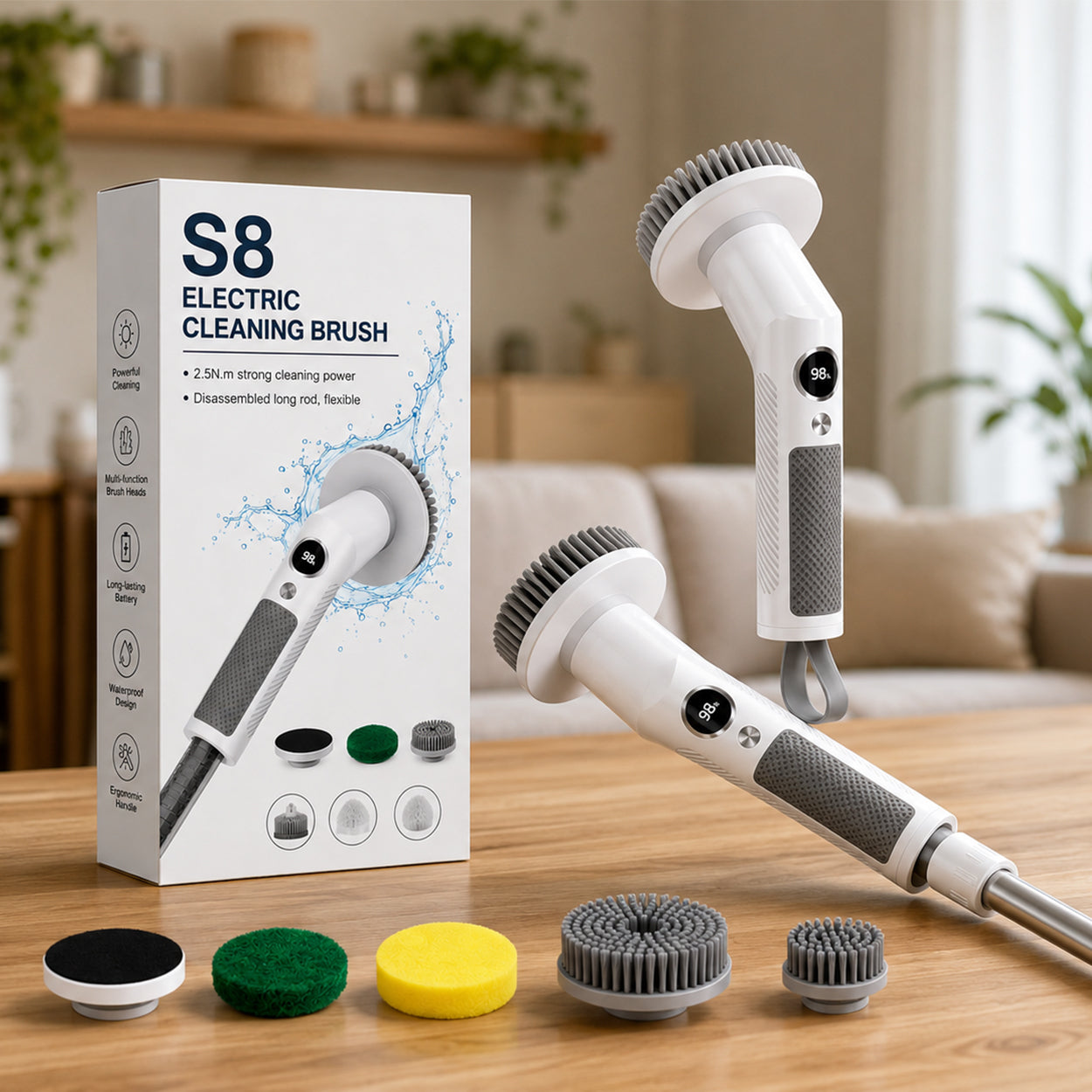 Electric Spin Scrubber with Extendable Handle &amp; 5 Brush Heads | Cordless USB-C Rechargeable Cleaning Brush