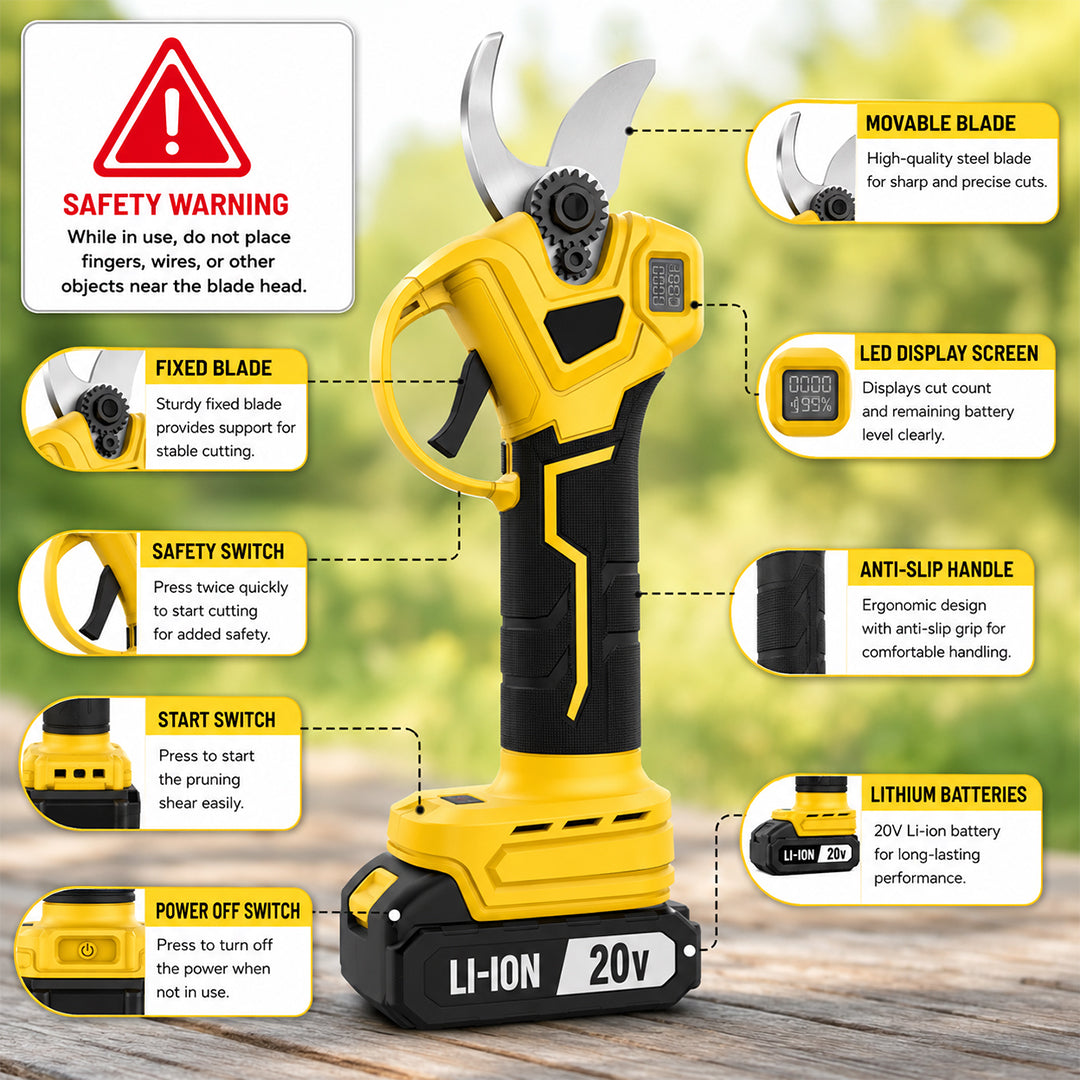 20V Cordless Electric Pruner - Brushless Battery Powered Pruning Shears for Tree Branches &amp; Garden Trimming