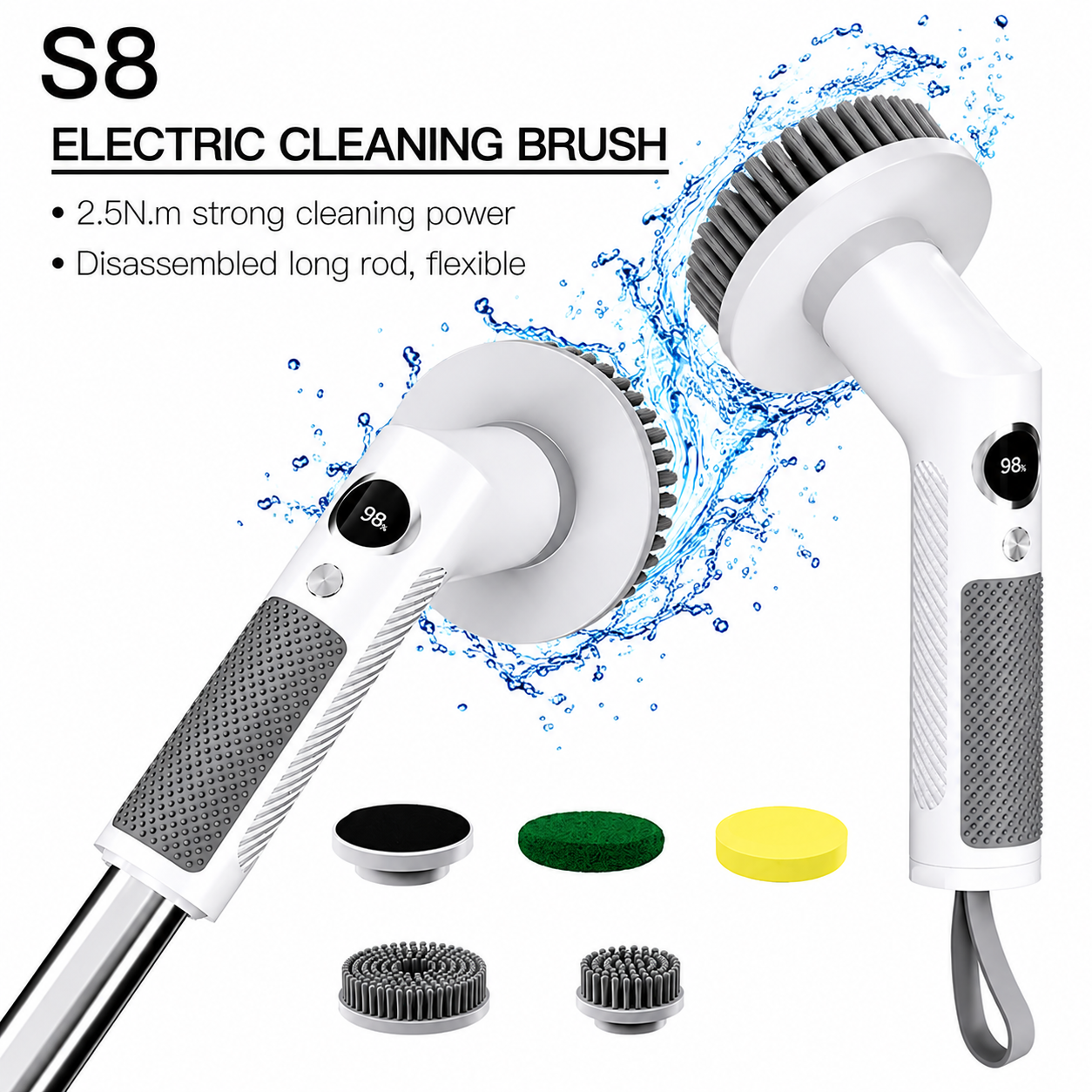 Electric Spin Scrubber with Extendable Handle &amp; 5 Brush Heads | Cordless USB-C Rechargeable Cleaning Brush
