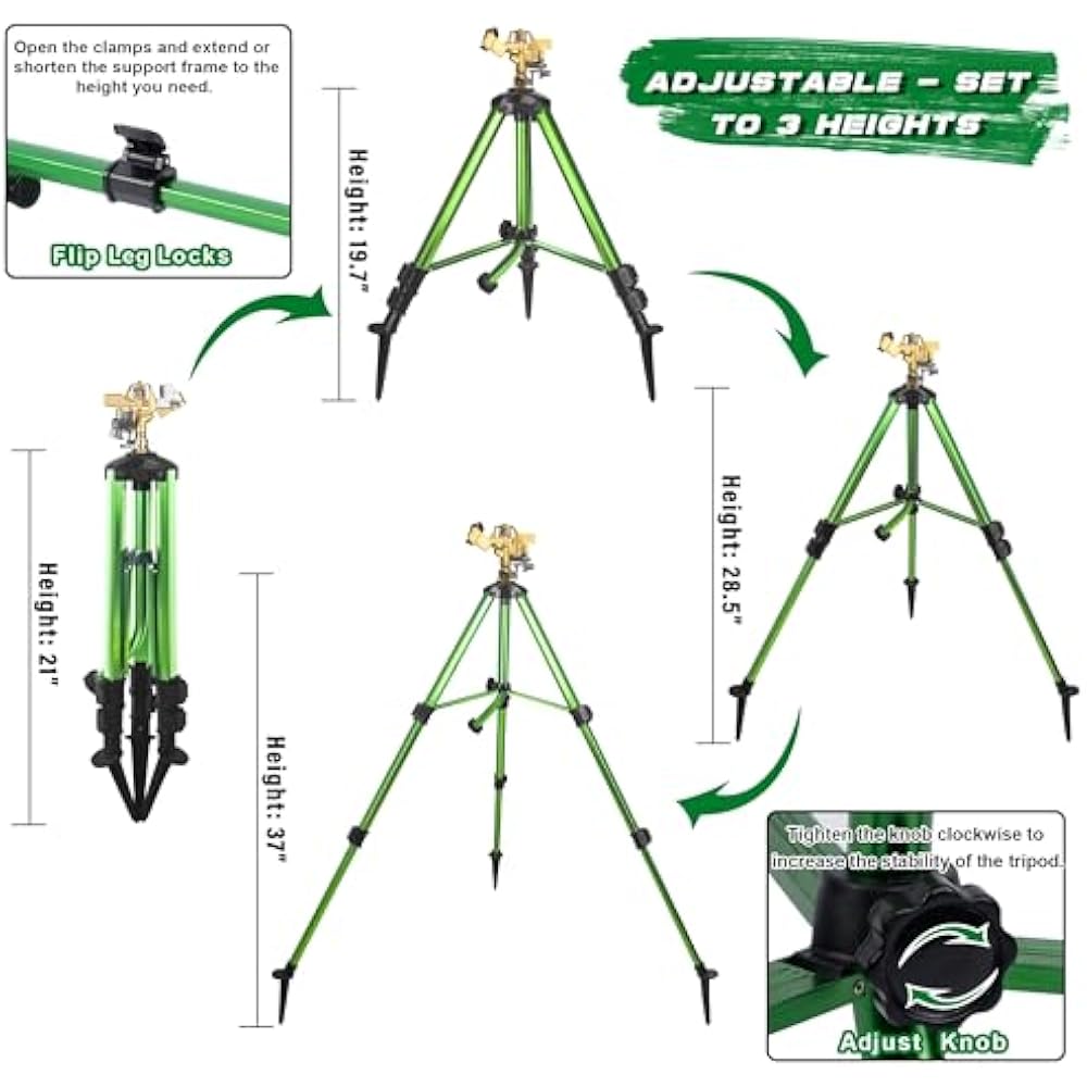 Heavy Duty Impact Sprinkler with Adjustable Tripod Stand | 360° Brass Spray Head, Ground Spike Legs, Lawn &amp; Garden Irrigation Sprinkler