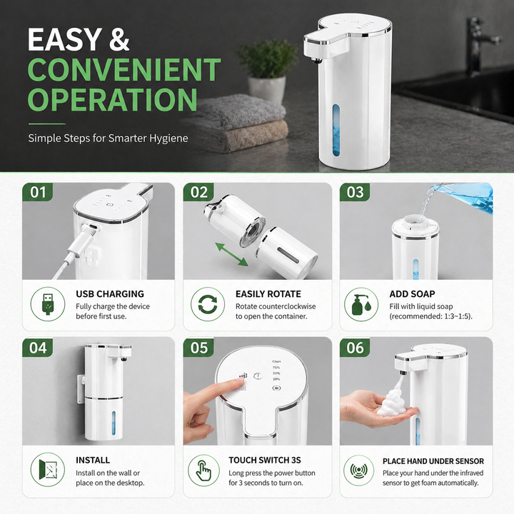Luxury Touchless Automatic Foaming Soap Dispenser for Kitchens &amp; Bathrooms | Rechargeable &amp; Waterproof