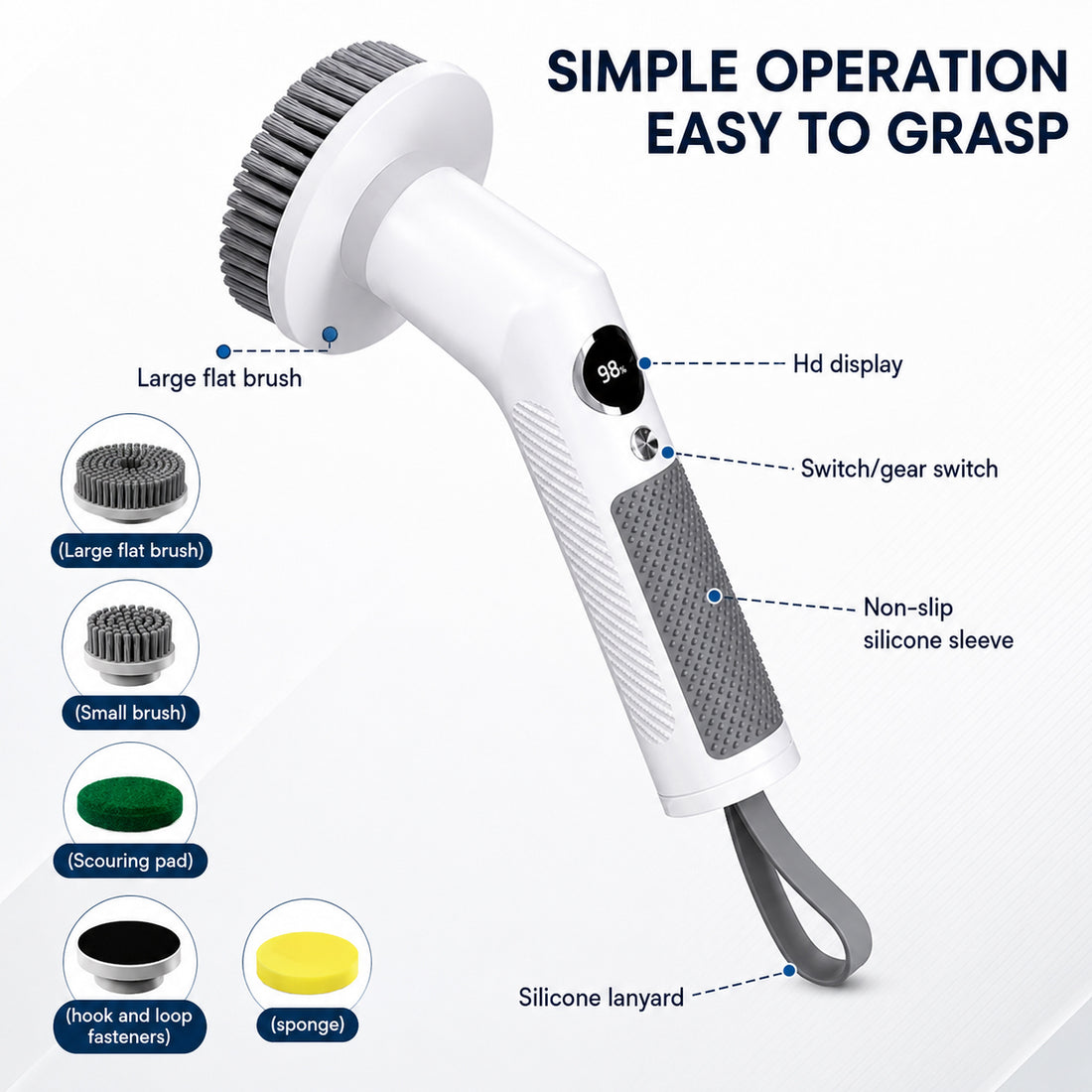 Electric Spin Scrubber with Extendable Handle &amp; 5 Brush Heads | Cordless USB-C Rechargeable Cleaning Brush