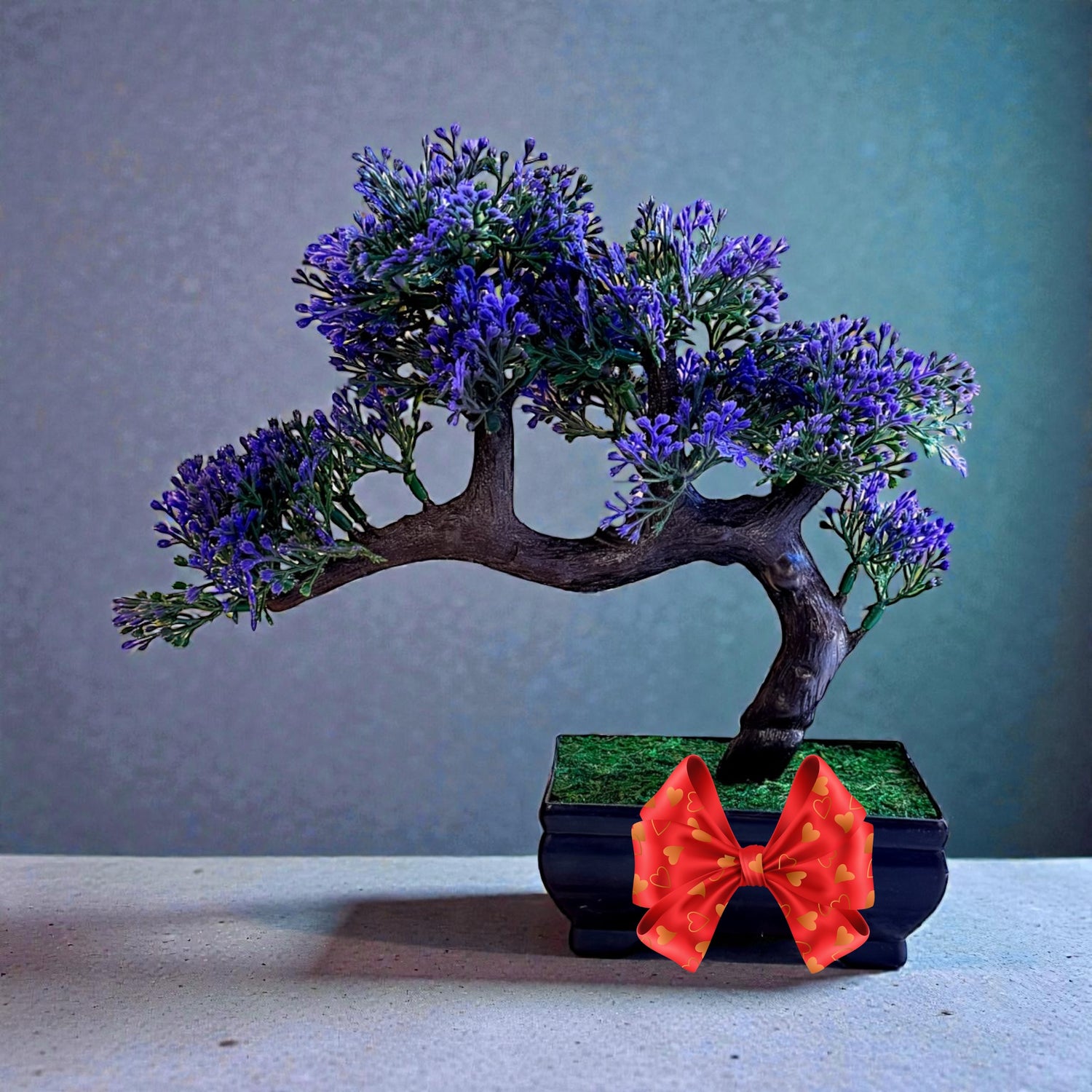Purple Sideways Bonsai (Artificial) In Brown Plastic Pot – Realistic Mini Plant for Desk, Shelf &amp; Living Room Decor