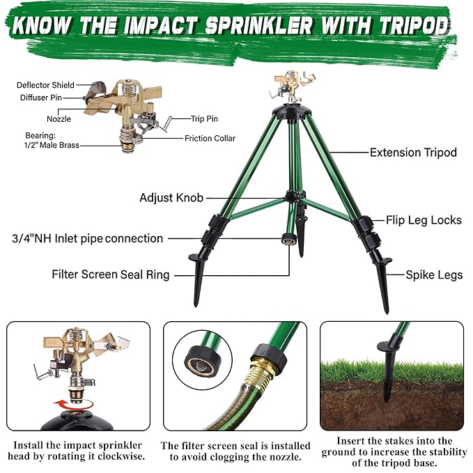 Heavy Duty Impact Sprinkler with Adjustable Tripod Stand | 360° Brass Spray Head, Ground Spike Legs, Lawn &amp; Garden Irrigation Sprinkler