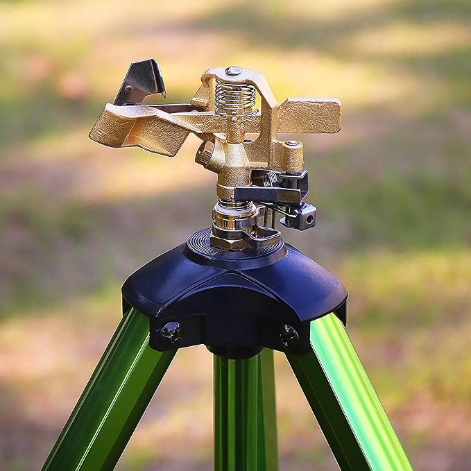 Heavy Duty Impact Sprinkler with Adjustable Tripod Stand | 360° Brass Spray Head, Ground Spike Legs, Lawn &amp; Garden Irrigation Sprinkler