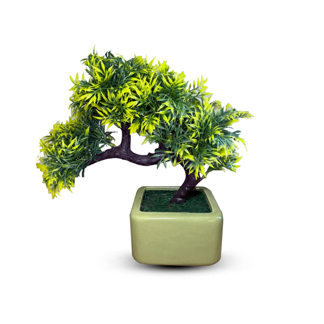 Artificial Yellow and Green Sideways Bonsai - Ceramic Pot