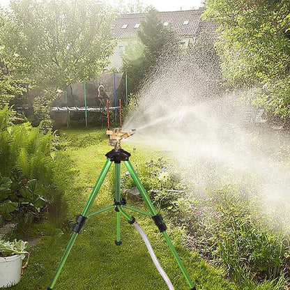 Heavy Duty Impact Sprinkler with Adjustable Tripod Stand | 360° Brass Spray Head, Ground Spike Legs, Lawn &amp; Garden Irrigation Sprinkler