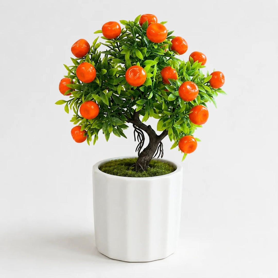 Artificial Mini Orange Bonsai in ceramic planter for indoor home and office tabletop decor