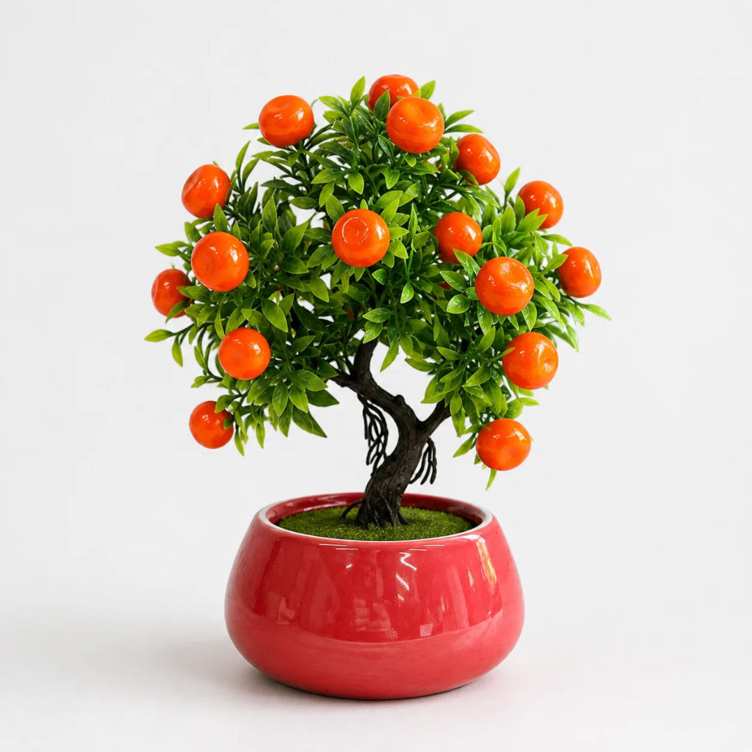 Decorative faux orange bonsai tree in modern ceramic pot for living room and desk display