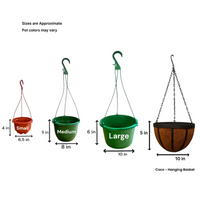 Hanging planter size guide showing dimensions for small medium large hanging baskets