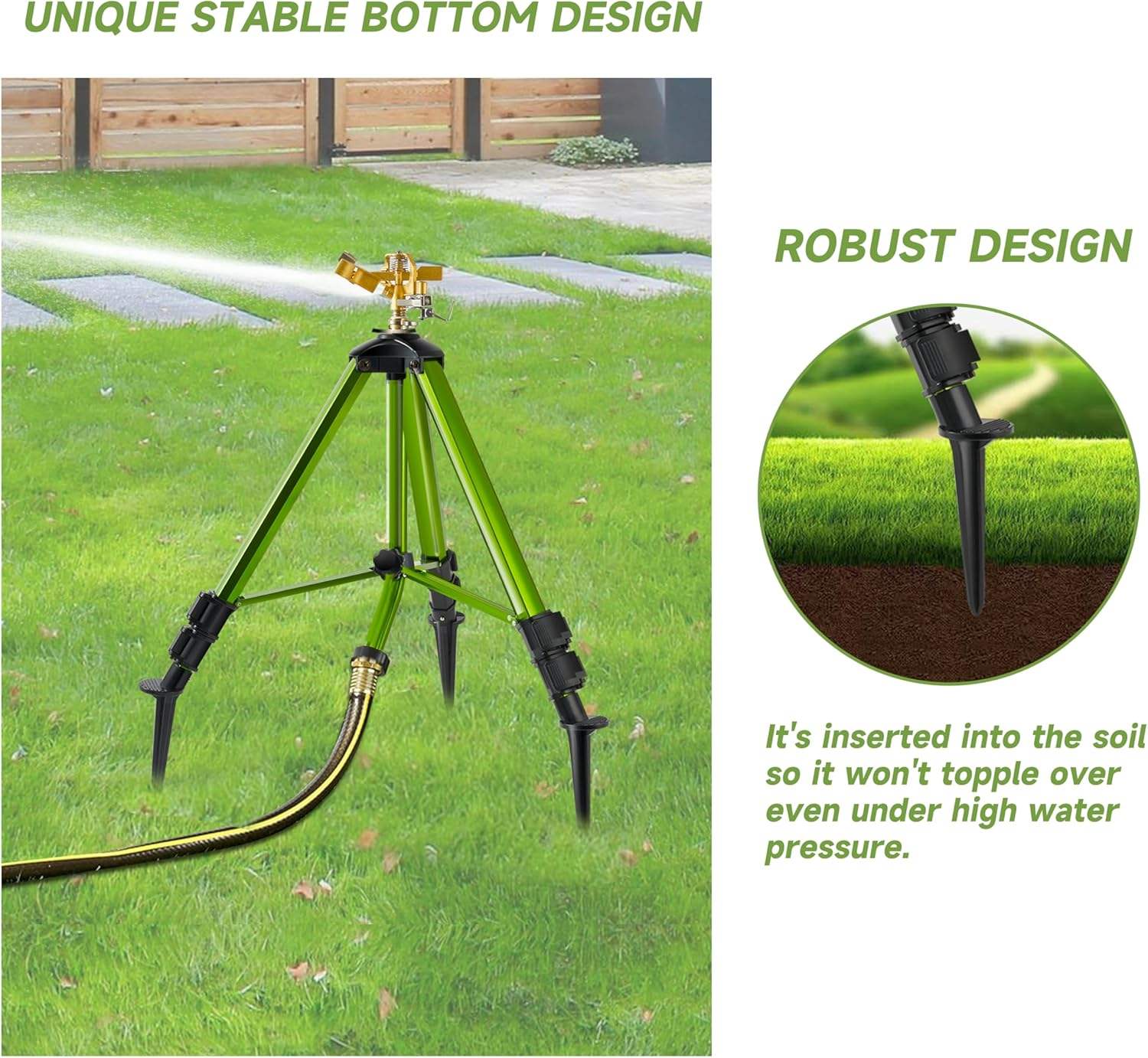 Heavy Duty Impact Sprinkler with Adjustable Tripod Stand | 360° Brass Spray Head, Ground Spike Legs, Lawn &amp; Garden Irrigation Sprinkler
