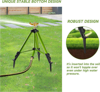 Heavy Duty Impact Sprinkler with Adjustable Tripod Stand | 360° Brass Spray Head, Ground Spike Legs, Lawn &amp; Garden Irrigation Sprinkler