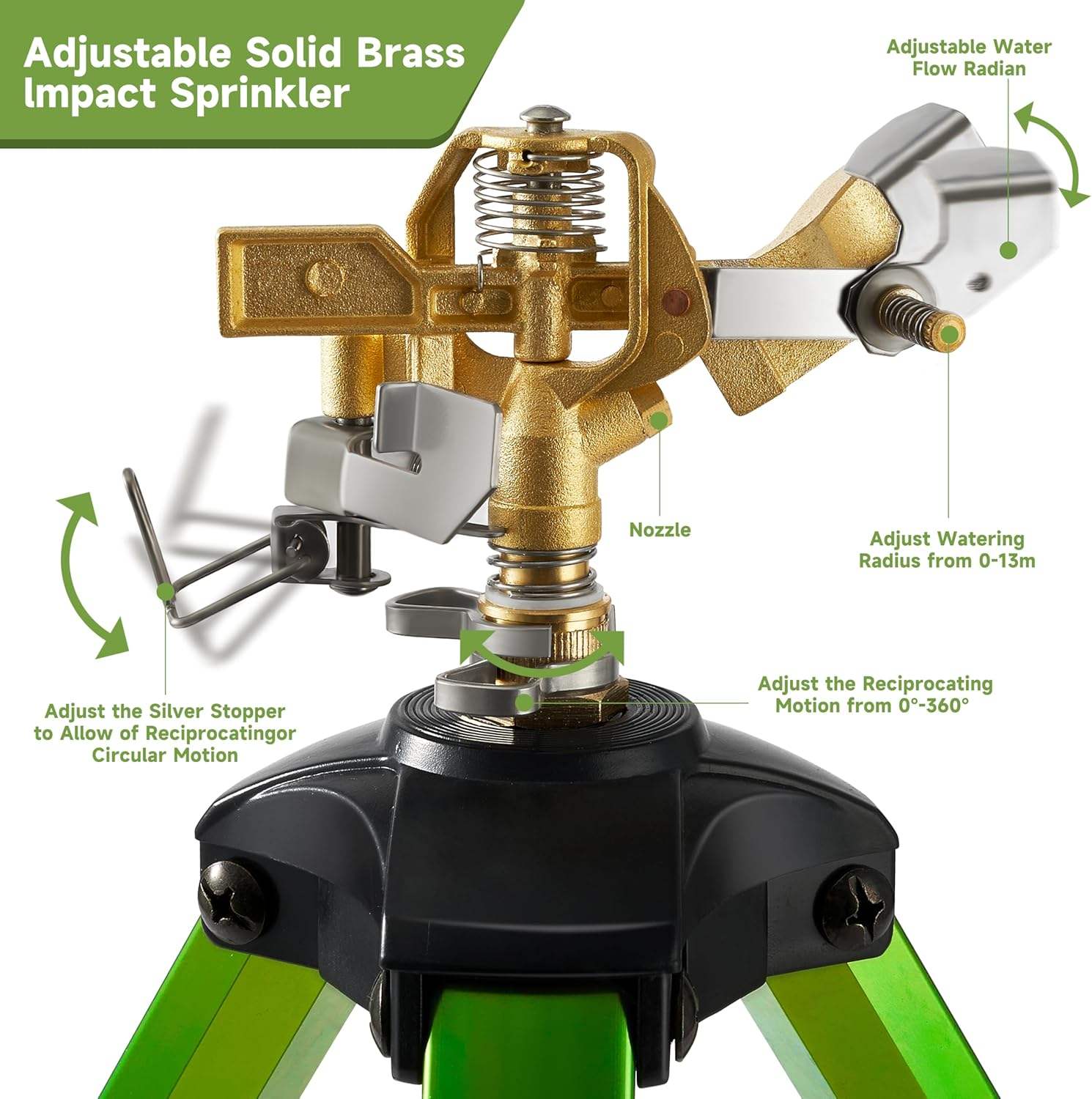 Heavy Duty Impact Sprinkler with Adjustable Tripod Stand | 360° Brass Spray Head, Ground Spike Legs, Lawn &amp; Garden Irrigation Sprinkler