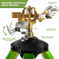 Heavy Duty Impact Sprinkler with Adjustable Tripod Stand | 360° Brass Spray Head, Ground Spike Legs, Lawn & Garden Irrigation Sprinkler