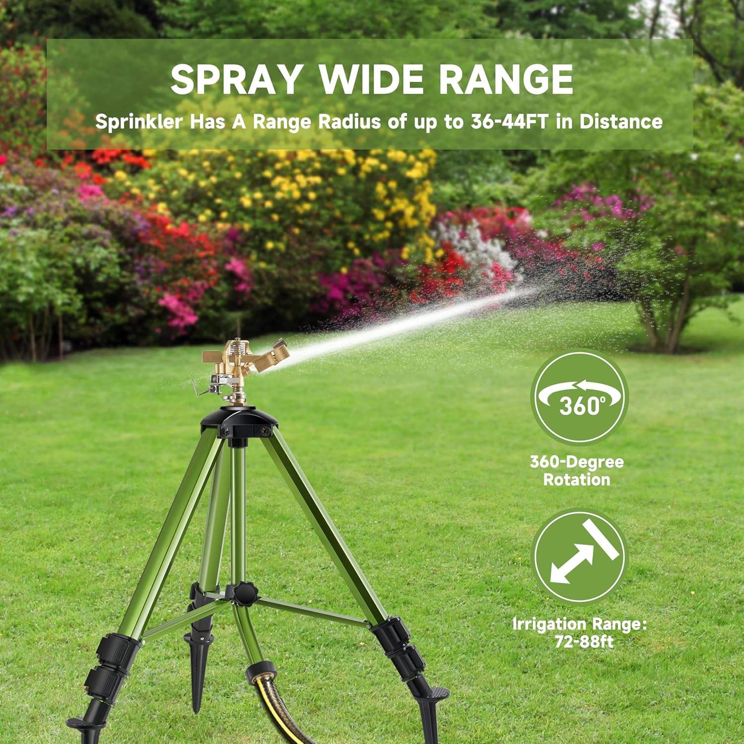 Heavy Duty Impact Sprinkler with Adjustable Tripod Stand | 360° Brass Spray Head, Ground Spike Legs, Lawn &amp; Garden Irrigation Sprinkler