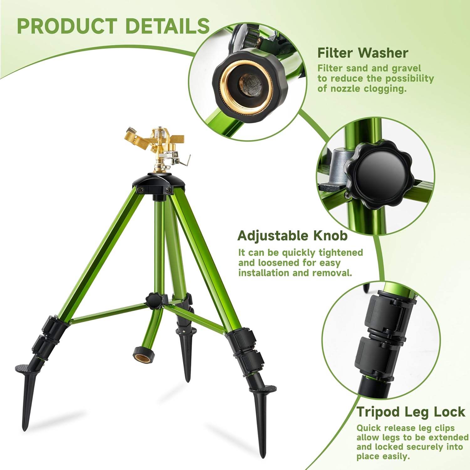 Heavy Duty Impact Sprinkler with Adjustable Tripod Stand | 360° Brass Spray Head, Ground Spike Legs, Lawn &amp; Garden Irrigation Sprinkler