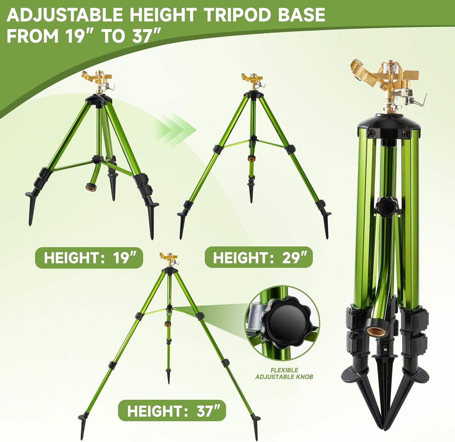 Heavy Duty Impact Sprinkler with Adjustable Tripod Stand | 360° Brass Spray Head, Ground Spike Legs, Lawn &amp; Garden Irrigation Sprinkler
