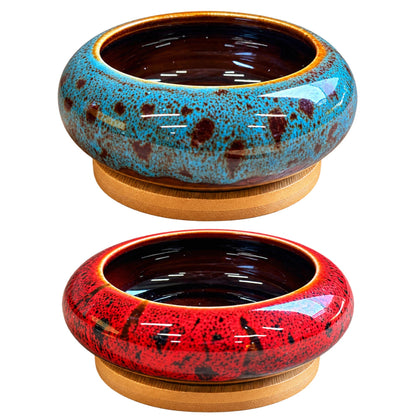 Glazed Ceramic Bonsai Pot with Wooden Base