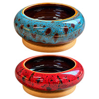 Glazed Ceramic Bonsai Pot with Wooden Base