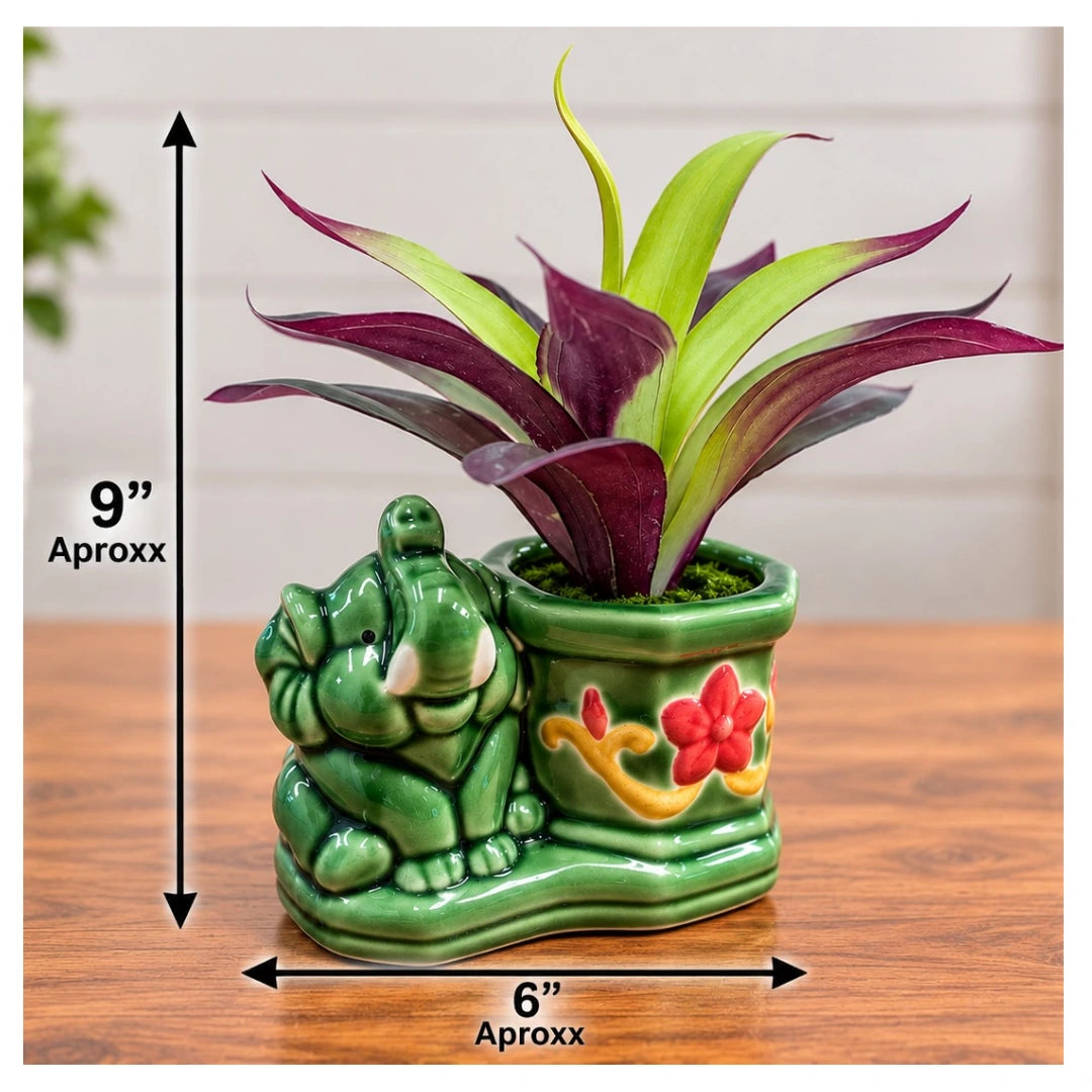 Artificial Purple and Green Bromeliad Plant in Decorative Elephant Ceramic Planter (Good Gift)