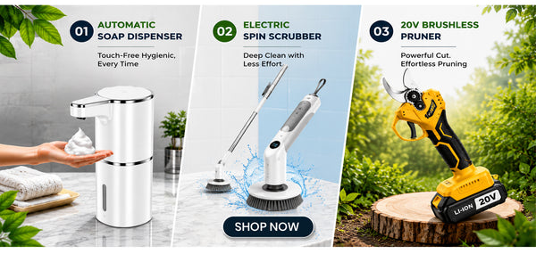 Three product images: an automatic soap dispenser, electric spin scrubber, and 20V brushless pruner with text descriptions and 'Shop Now' button.