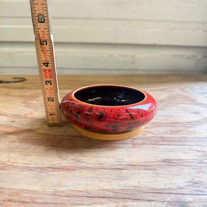 Red Glazed Ceramic Bonsai Pot with Wooden Base