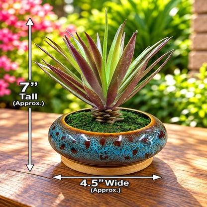 Artificial Green &amp; Burgundy Spiky Succulent Decorative Ceramic Pot