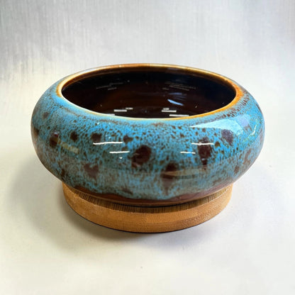 Blue Glazed Ceramic Bonsai Pot with Wooden Base
