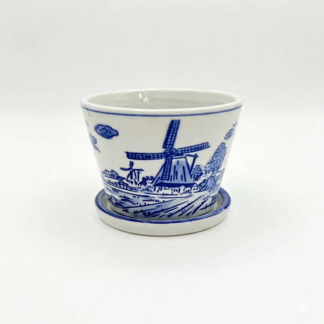 Vintage Delft Style Blue and White Ceramic Windmill Planter Pot