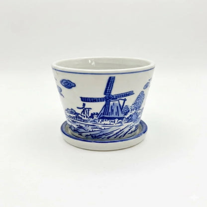 Vintage Delft Style Blue and White Ceramic Windmill Planter Pot