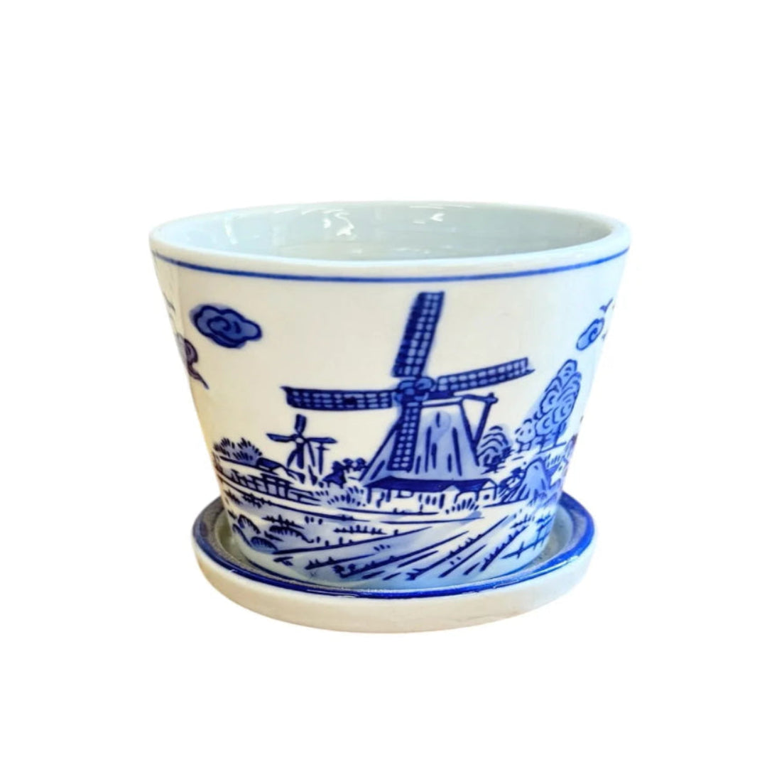 Vintage Delft Style Blue and White Ceramic Windmill Planter Pot