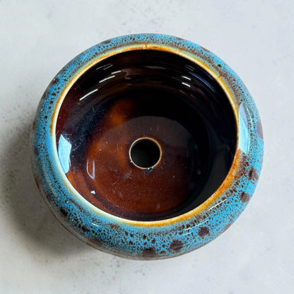 Blue Glazed Ceramic Bonsai Pot with Wooden Base