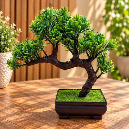 Artificial Green Bonsai Tree with Decorative Plastic Pot