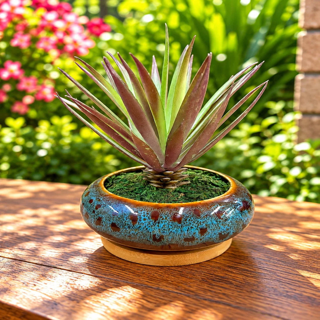 Artificial Green &amp; Burgundy Spiky Succulent Decorative Ceramic Pot