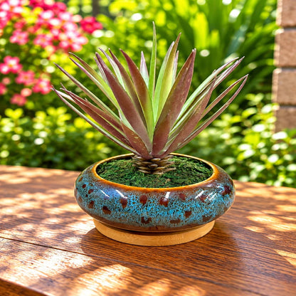 Artificial Green &amp; Burgundy Spiky Succulent Decorative Ceramic Pot