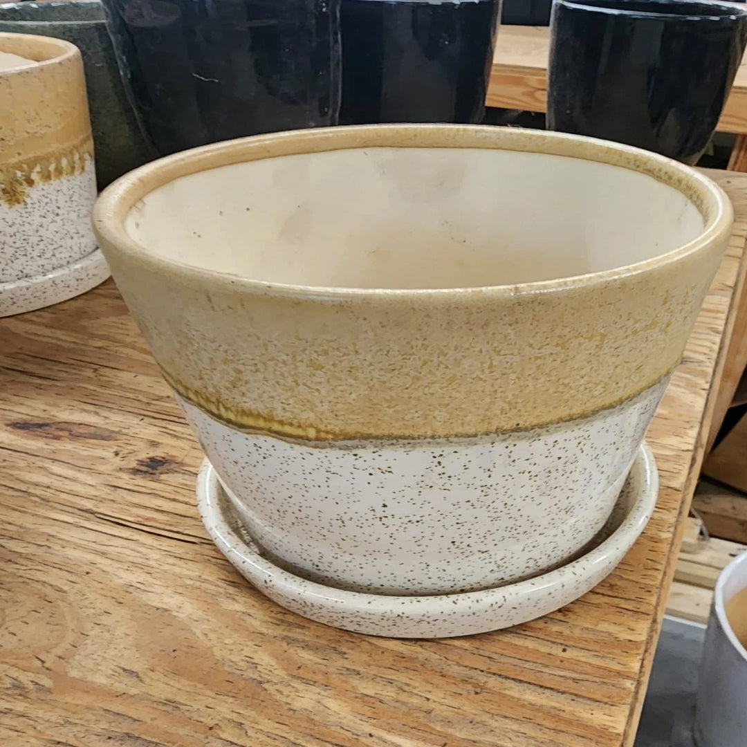 Speckled Ceramic Planter with Saucer – Mustard &amp; Cream