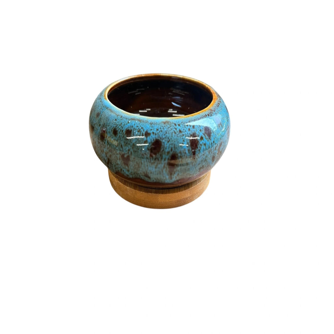 Blue Glazed Ceramic Bonsai Pot with Wooden Base